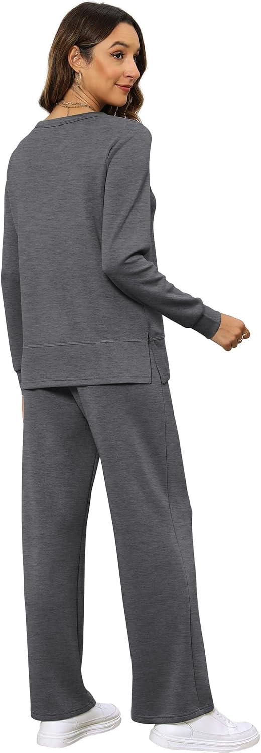imageXIEERDUO Womens 2 Piece Lounge Sets Side Slit Outfits Wide Leg Tracksuit Comfy Loungewear Fashion Sweatsuit S3XLB Dark Grey