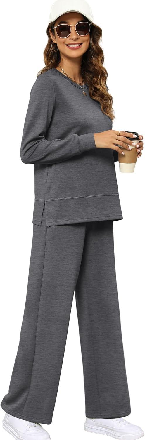 imageXIEERDUO Womens 2 Piece Lounge Sets Side Slit Outfits Wide Leg Tracksuit Comfy Loungewear Fashion Sweatsuit S3XLB Dark Grey