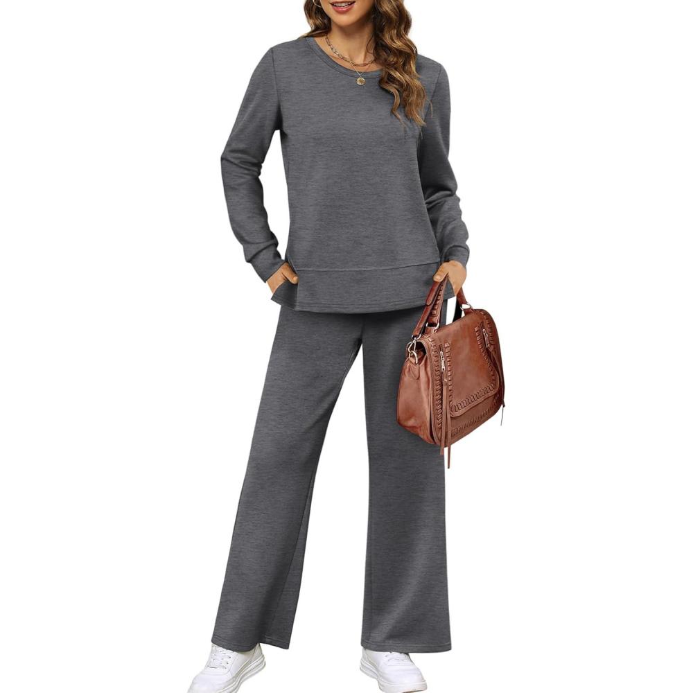 imageXIEERDUO Womens 2 Piece Lounge Sets Side Slit Outfits Wide Leg Tracksuit Comfy Loungewear Fashion Sweatsuit S3XLB Dark Grey