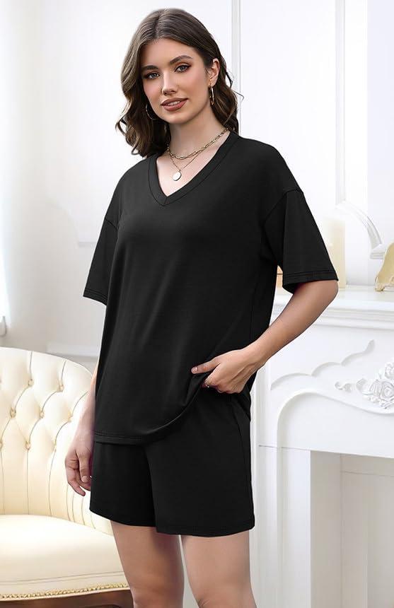imageXIEERDUO Lounge Sets for Women Shorts Lightweight Summer Pajamas Set Sleepwear 2 Piece Sets Airport Vacation OutfitsBlack