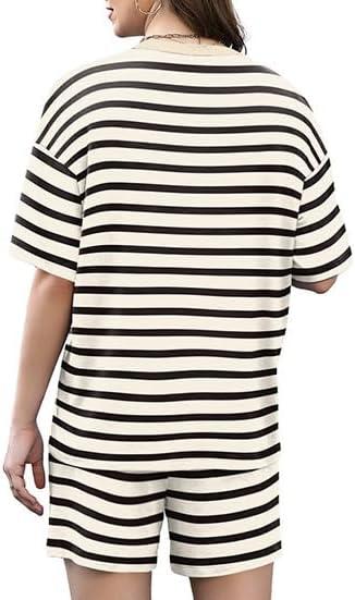 imageXIEERDUO Lounge Sets for Women Shorts Lightweight Summer Pajamas Set Sleepwear 2 Piece Sets Airport Vacation OutfitsBlack Stripes