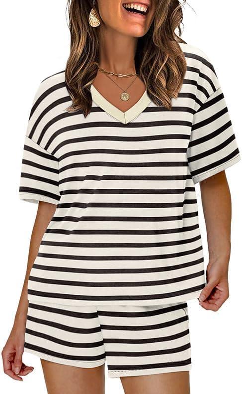 imageXIEERDUO Lounge Sets for Women Shorts Lightweight Summer Pajamas Set Sleepwear 2 Piece Sets Airport Vacation OutfitsBlack Stripes