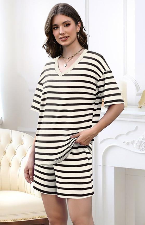imageXIEERDUO Lounge Sets for Women Shorts Lightweight Summer Pajamas Set Sleepwear 2 Piece Sets Airport Vacation OutfitsBlack Stripes