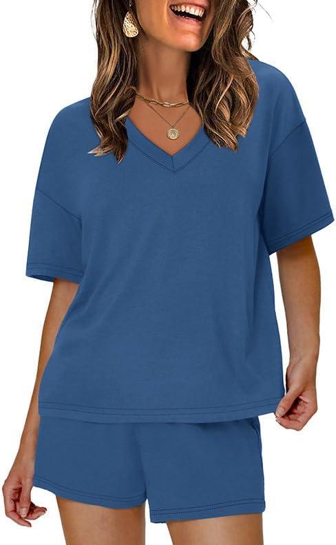 imageXIEERDUO Lounge Sets for Women Shorts Lightweight Summer Pajamas Set Sleepwear 2 Piece Sets Airport Vacation OutfitsBlue