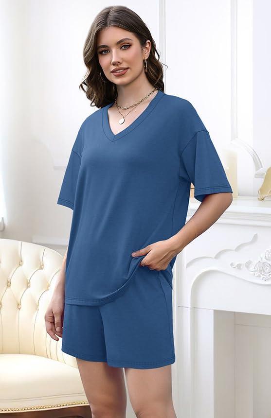 imageXIEERDUO Lounge Sets for Women Shorts Lightweight Summer Pajamas Set Sleepwear 2 Piece Sets Airport Vacation OutfitsBlue