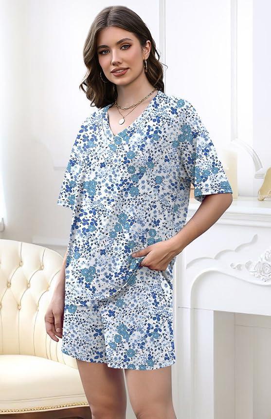 imageXIEERDUO Lounge Sets for Women Shorts Lightweight Summer Pajamas Set Sleepwear 2 Piece Sets Airport Vacation OutfitsBlue Floral