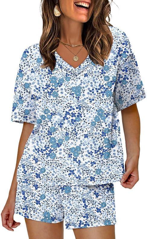 imageXIEERDUO Lounge Sets for Women Shorts Lightweight Summer Pajamas Set Sleepwear 2 Piece Sets Airport Vacation OutfitsBlue Floral