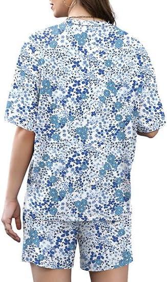 imageXIEERDUO Lounge Sets for Women Shorts Lightweight Summer Pajamas Set Sleepwear 2 Piece Sets Airport Vacation OutfitsBlue Floral