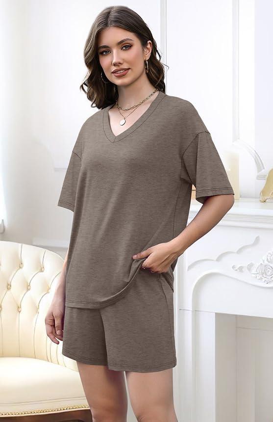 imageXIEERDUO Lounge Sets for Women Shorts Lightweight Summer Pajamas Set Sleepwear 2 Piece Sets Airport Vacation OutfitsCoffee