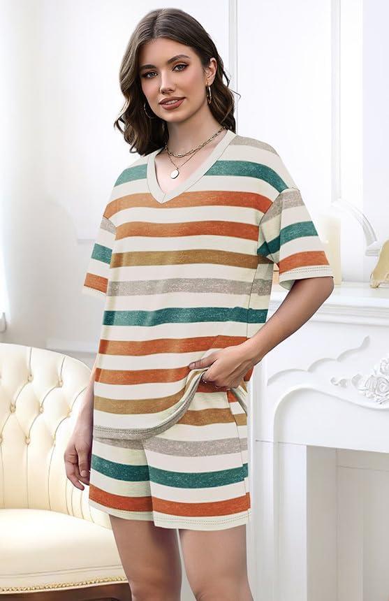 imageXIEERDUO Lounge Sets for Women Shorts Lightweight Summer Pajamas Set Sleepwear 2 Piece Sets Airport Vacation OutfitsColorful Stripe 1