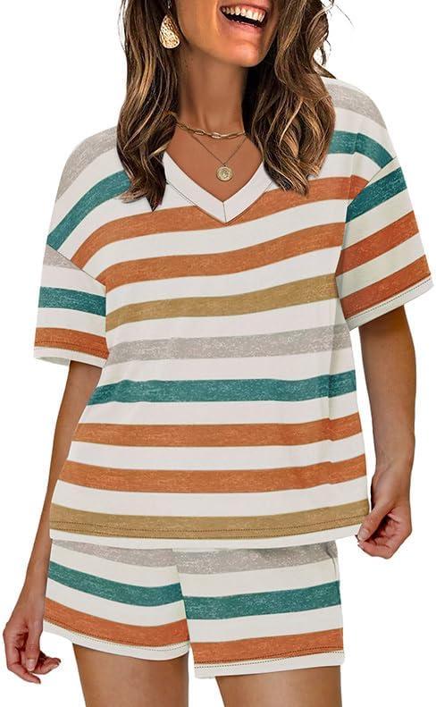 imageXIEERDUO Lounge Sets for Women Shorts Lightweight Summer Pajamas Set Sleepwear 2 Piece Sets Airport Vacation OutfitsColorful Stripe 1