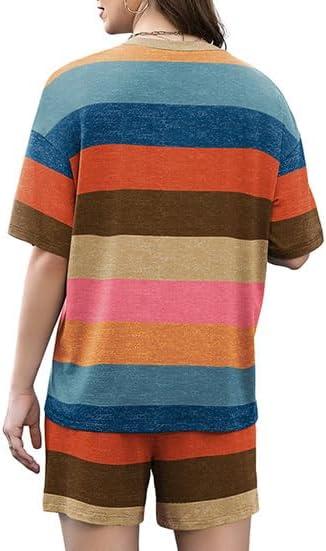 imageXIEERDUO Lounge Sets for Women Shorts Lightweight Summer Pajamas Set Sleepwear 2 Piece Sets Airport Vacation OutfitsColorful Stripe 2