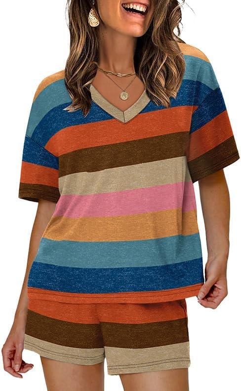 imageXIEERDUO Lounge Sets for Women Shorts Lightweight Summer Pajamas Set Sleepwear 2 Piece Sets Airport Vacation OutfitsColorful Stripe 2