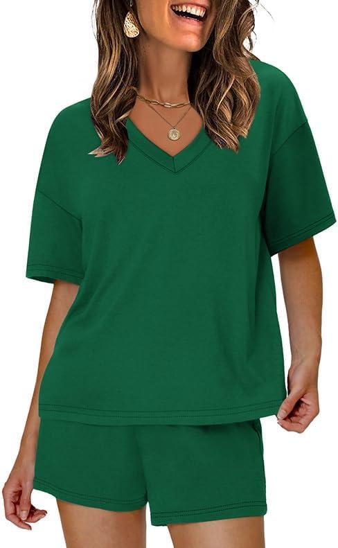 imageXIEERDUO Lounge Sets for Women Shorts Lightweight Summer Pajamas Set Sleepwear 2 Piece Sets Airport Vacation OutfitsGreen