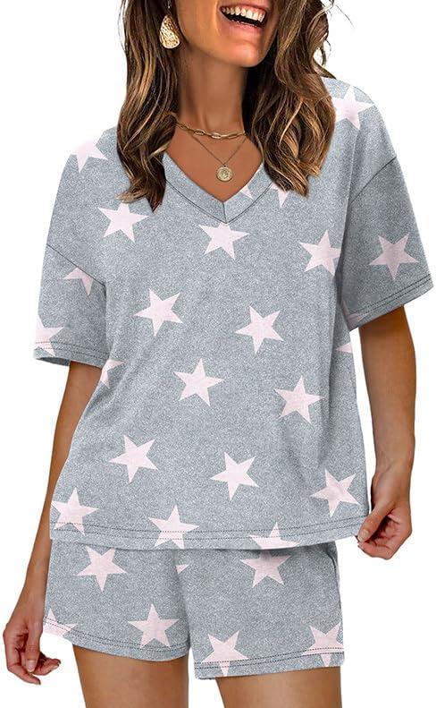 imageXIEERDUO Lounge Sets for Women Shorts Lightweight Summer Pajamas Set Sleepwear 2 Piece Sets Airport Vacation OutfitsGrey Star