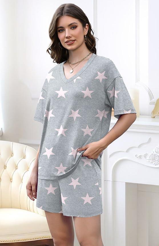 imageXIEERDUO Lounge Sets for Women Shorts Lightweight Summer Pajamas Set Sleepwear 2 Piece Sets Airport Vacation OutfitsGrey Star