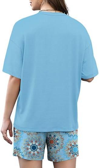 imageXIEERDUO Lounge Sets for Women Shorts Lightweight Summer Pajamas Set Sleepwear 2 Piece Sets Airport Vacation OutfitsLake Blue Print