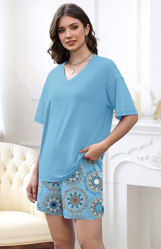 imageXIEERDUO Lounge Sets for Women Shorts Lightweight Summer Pajamas Set Sleepwear 2 Piece Sets Airport Vacation OutfitsLake Blue Print