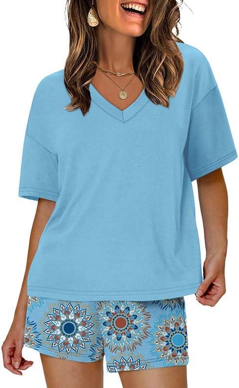 imageXIEERDUO Lounge Sets for Women Shorts Lightweight Summer Pajamas Set Sleepwear 2 Piece Sets Airport Vacation OutfitsLake Blue Print