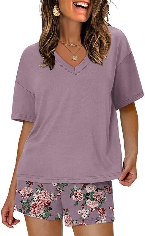 imageXIEERDUO Lounge Sets for Women Shorts Lightweight Summer Pajamas Set Sleepwear 2 Piece Sets Airport Vacation OutfitsMauve Floral