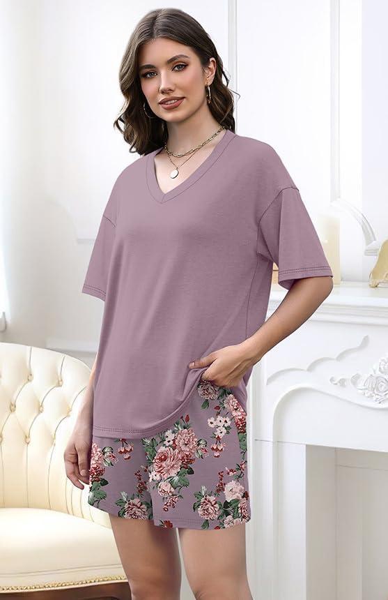 imageXIEERDUO Lounge Sets for Women Shorts Lightweight Summer Pajamas Set Sleepwear 2 Piece Sets Airport Vacation OutfitsMauve Floral