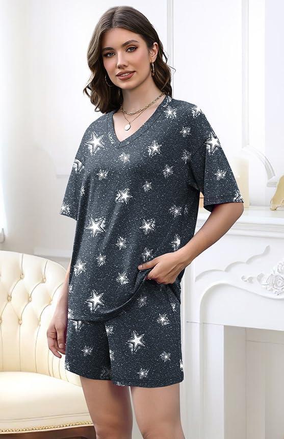 imageXIEERDUO Lounge Sets for Women Shorts Lightweight Summer Pajamas Set Sleepwear 2 Piece Sets Airport Vacation OutfitsNavy Star