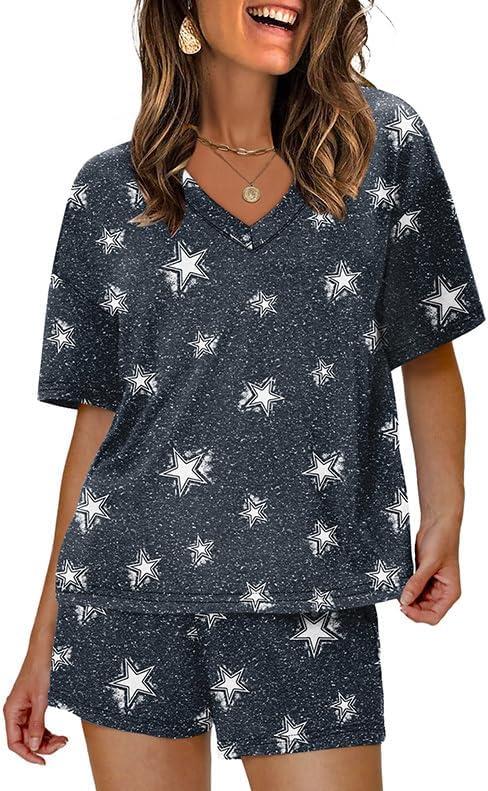 imageXIEERDUO Lounge Sets for Women Shorts Lightweight Summer Pajamas Set Sleepwear 2 Piece Sets Airport Vacation OutfitsNavy Star