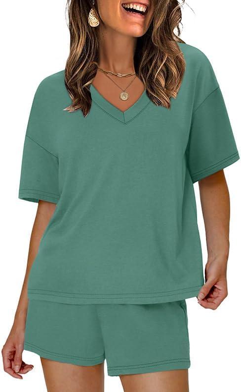 imageXIEERDUO Lounge Sets for Women Shorts Lightweight Summer Pajamas Set Sleepwear 2 Piece Sets Airport Vacation OutfitsPea Green