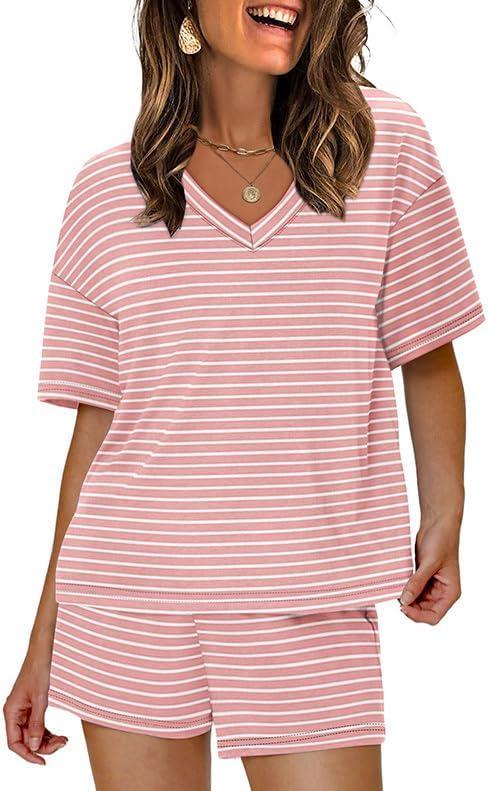 imageXIEERDUO Lounge Sets for Women Shorts Lightweight Summer Pajamas Set Sleepwear 2 Piece Sets Airport Vacation OutfitsPink Stripes