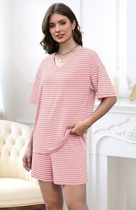 imageXIEERDUO Lounge Sets for Women Shorts Lightweight Summer Pajamas Set Sleepwear 2 Piece Sets Airport Vacation OutfitsPink Stripes