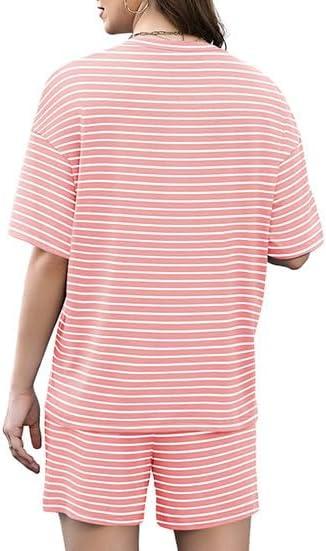 imageXIEERDUO Lounge Sets for Women Shorts Lightweight Summer Pajamas Set Sleepwear 2 Piece Sets Airport Vacation OutfitsPink Stripes