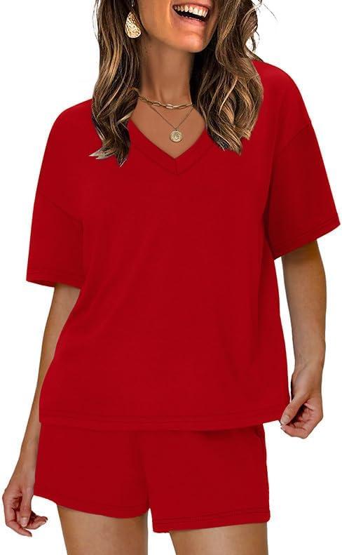 imageXIEERDUO Lounge Sets for Women Shorts Lightweight Summer Pajamas Set Sleepwear 2 Piece Sets Airport Vacation OutfitsRed