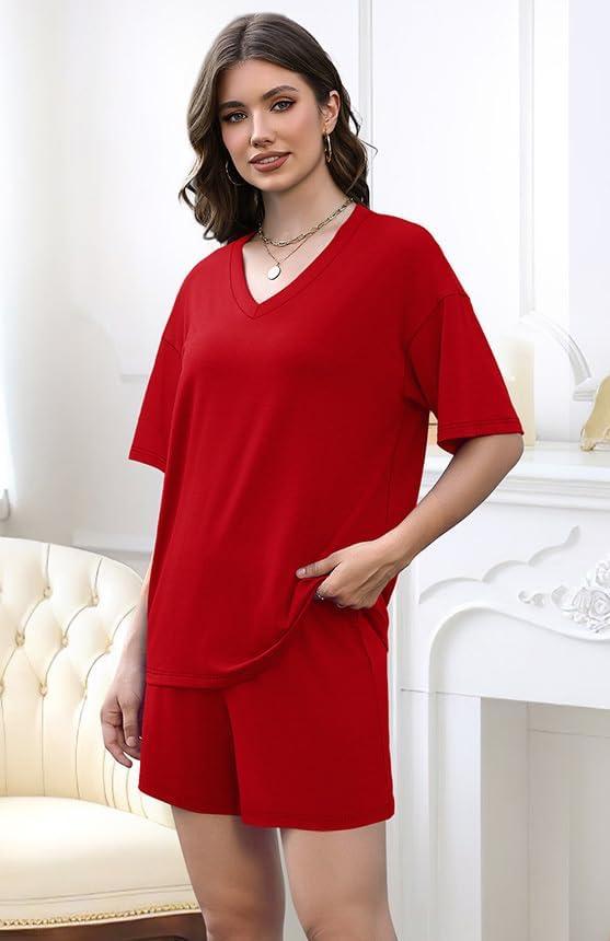imageXIEERDUO Lounge Sets for Women Shorts Lightweight Summer Pajamas Set Sleepwear 2 Piece Sets Airport Vacation OutfitsRed