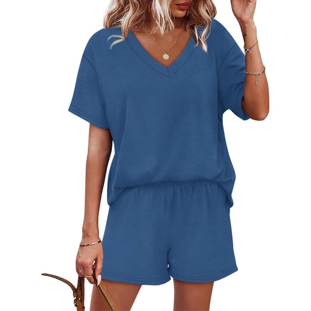 imageXIEERDUO Lounge Sets for Women Shorts Lightweight Summer Pajamas Set Sleepwear 2 Piece Sets Airport Vacation OutfitsBlue