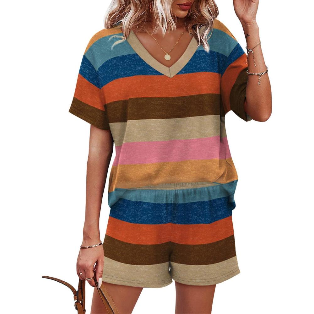 imageXIEERDUO Lounge Sets for Women Shorts Lightweight Summer Pajamas Set Sleepwear 2 Piece Sets Airport Vacation OutfitsColorful Stripe 2