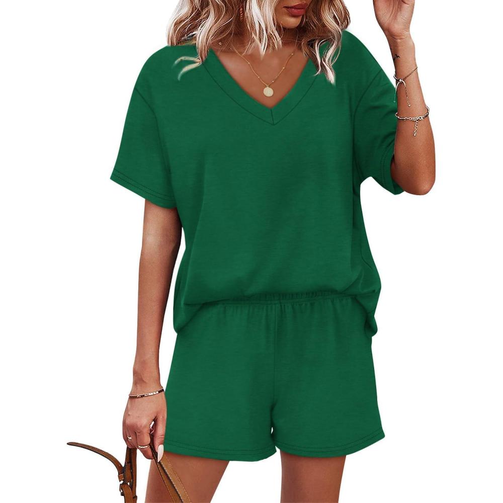 imageXIEERDUO Lounge Sets for Women Shorts Lightweight Summer Pajamas Set Sleepwear 2 Piece Sets Airport Vacation OutfitsGreen