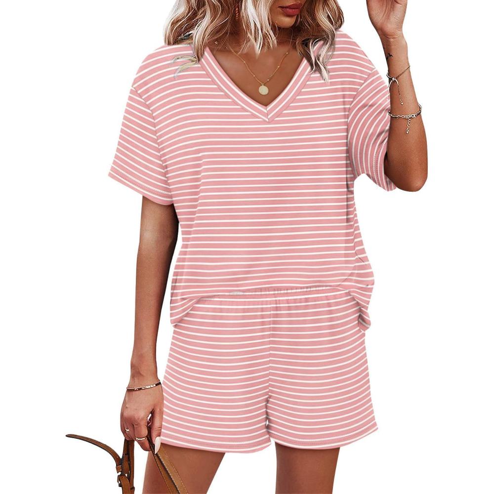 imageXIEERDUO Lounge Sets for Women Shorts Lightweight Summer Pajamas Set Sleepwear 2 Piece Sets Airport Vacation OutfitsPink Stripes
