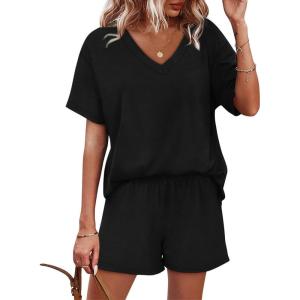 XIEERDUO Lounge Sets for Women Shorts Lightweight Summer Pajamas Set Sleepwear 2 Piece Sets Airport Vacation Outfits(Black)