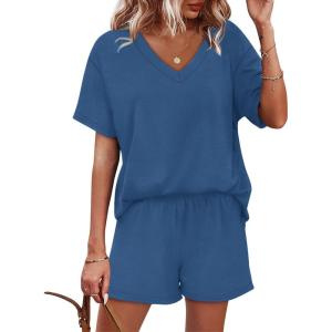 XIEERDUO Lounge Sets for Women Shorts Lightweight Summer Pajamas Set Sleepwear 2 Piece Sets Airport Vacation Outfits(Blue)