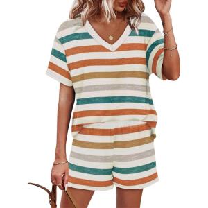 XIEERDUO Lounge Sets for Women Shorts Lightweight Summer Pajamas Set Sleepwear 2 Piece Sets Airport Vacation Outfits(Colorful Stripe 1)