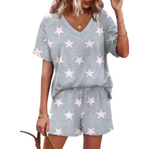 XIEERDUO Lounge Sets for Women Shorts Lightweight Summer Pajamas Set Sleepwear 2 Piece Sets Airport Vacation Outfits(Grey Star)