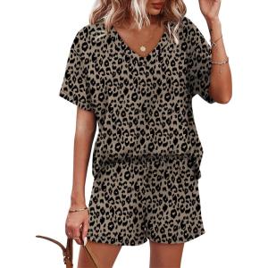 XIEERDUO Lounge Sets for Women Shorts Lightweight Summer Pajamas Set Sleepwear 2 Piece Sets Airport Vacation Outfits(Leopard)