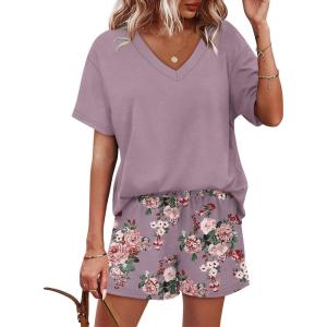 XIEERDUO Lounge Sets for Women Shorts Lightweight Summer Pajamas Set Sleepwear 2 Piece Sets Airport Vacation Outfits(Mauve Floral)