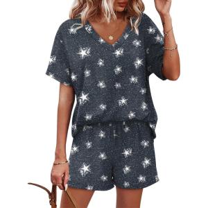XIEERDUO Lounge Sets for Women Shorts Lightweight Summer Pajamas Set Sleepwear 2 Piece Sets Airport Vacation Outfits(Navy Star)