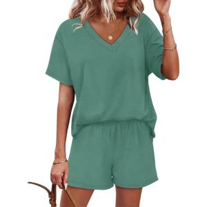 XIEERDUO Lounge Sets for Women Shorts Lightweight Summer Pajamas Set Sleepwear 2 Piece Sets Airport Vacation Outfits(Pea Green)