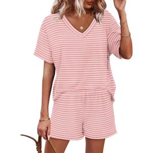 XIEERDUO Lounge Sets for Women Shorts Lightweight Summer Pajamas Set Sleepwear 2 Piece Sets Airport Vacation Outfits(Pink Stripes)