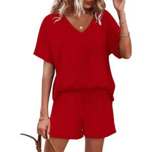XIEERDUO Lounge Sets for Women Shorts Lightweight Summer Pajamas Set Sleepwear 2 Piece Sets Airport Vacation Outfits(Red)