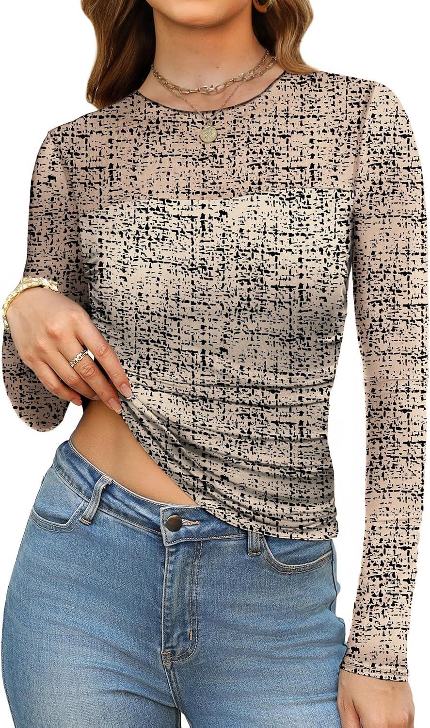 imageXIEERDUO Womens Sexy Sheer Long Sleeve Tops Crew Neck Mesh Ruched Going Out Shirts Blouse Date Night OutfitsZ Print Beige