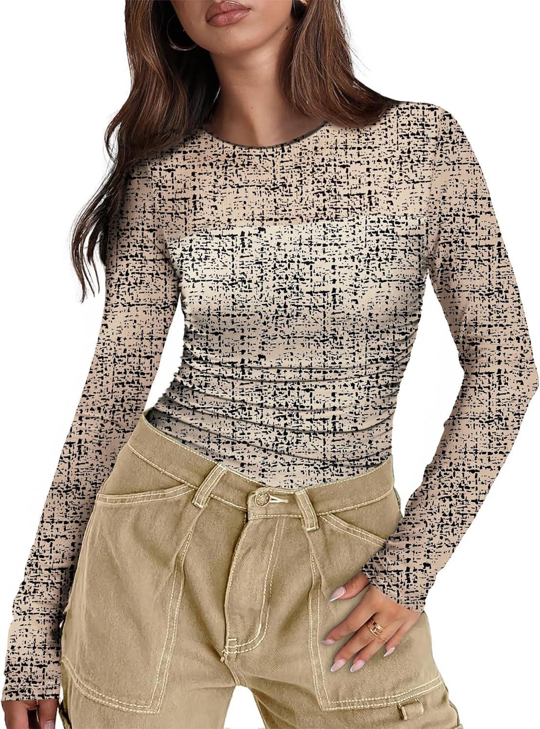 imageXIEERDUO Womens Sexy Sheer Long Sleeve Tops Crew Neck Mesh Ruched Going Out Shirts Blouse Date Night OutfitsZ Print Beige