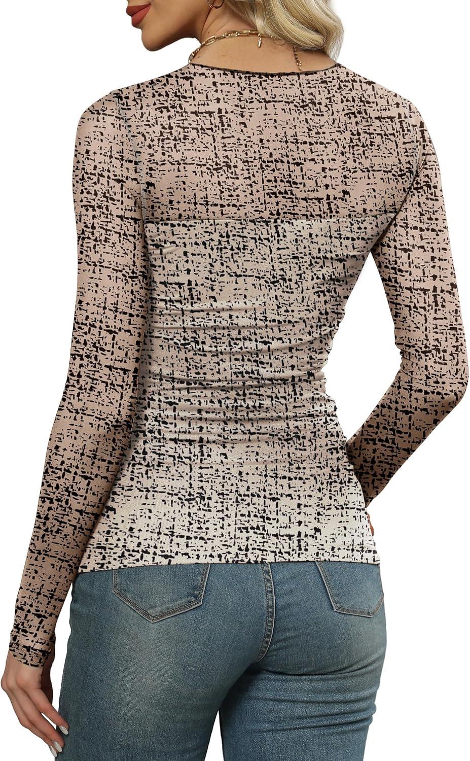 imageXIEERDUO Womens Sexy Sheer Long Sleeve Tops Crew Neck Mesh Ruched Going Out Shirts Blouse Date Night OutfitsZ Print Beige